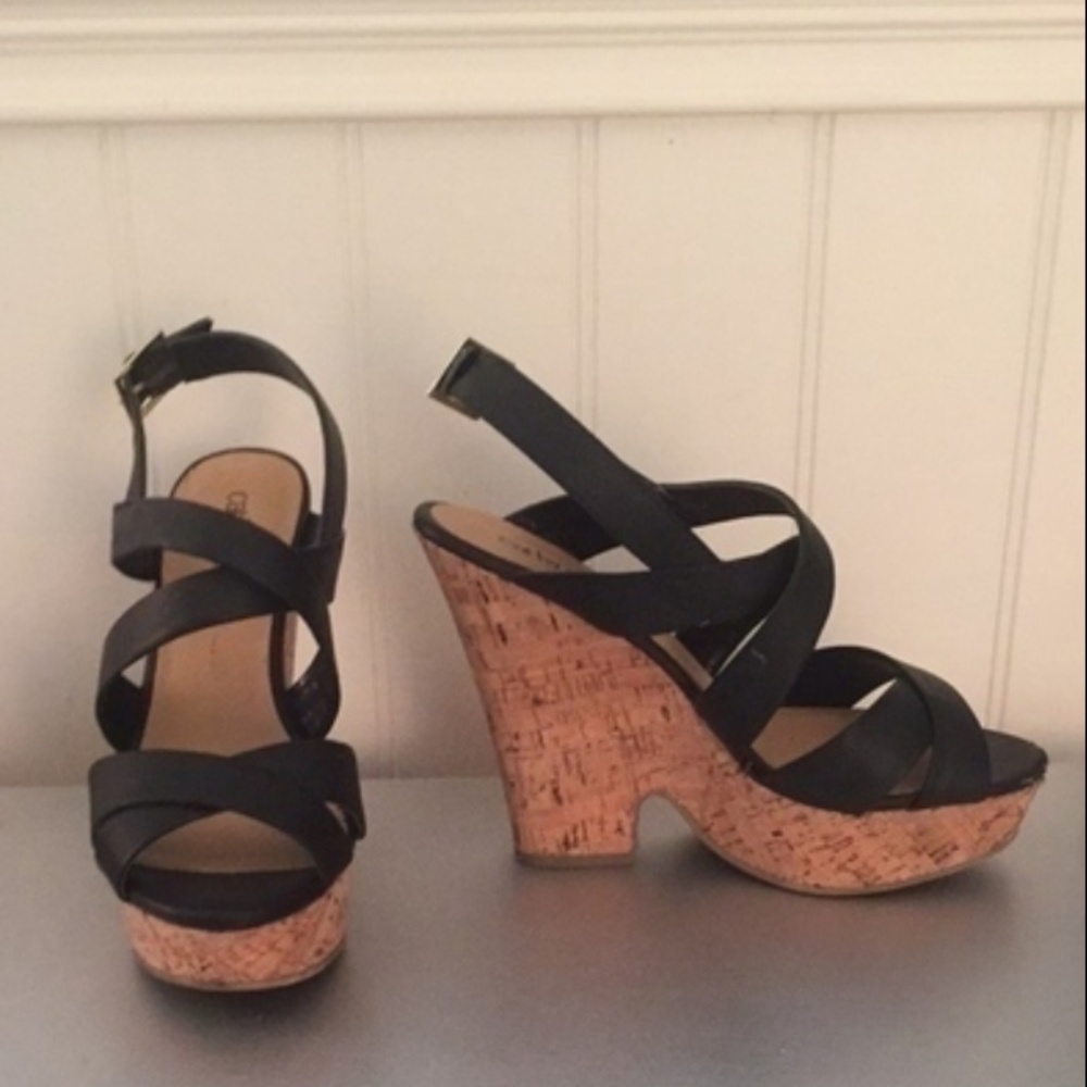 Cathy Jean black cork heeled wedges
